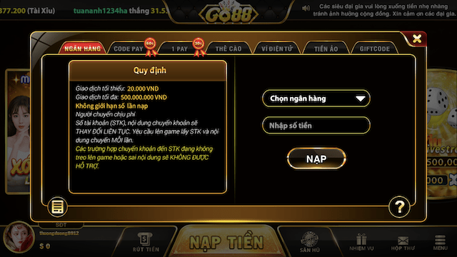 Nạp rút tiền Go88 đơn giản qua ngân hàng